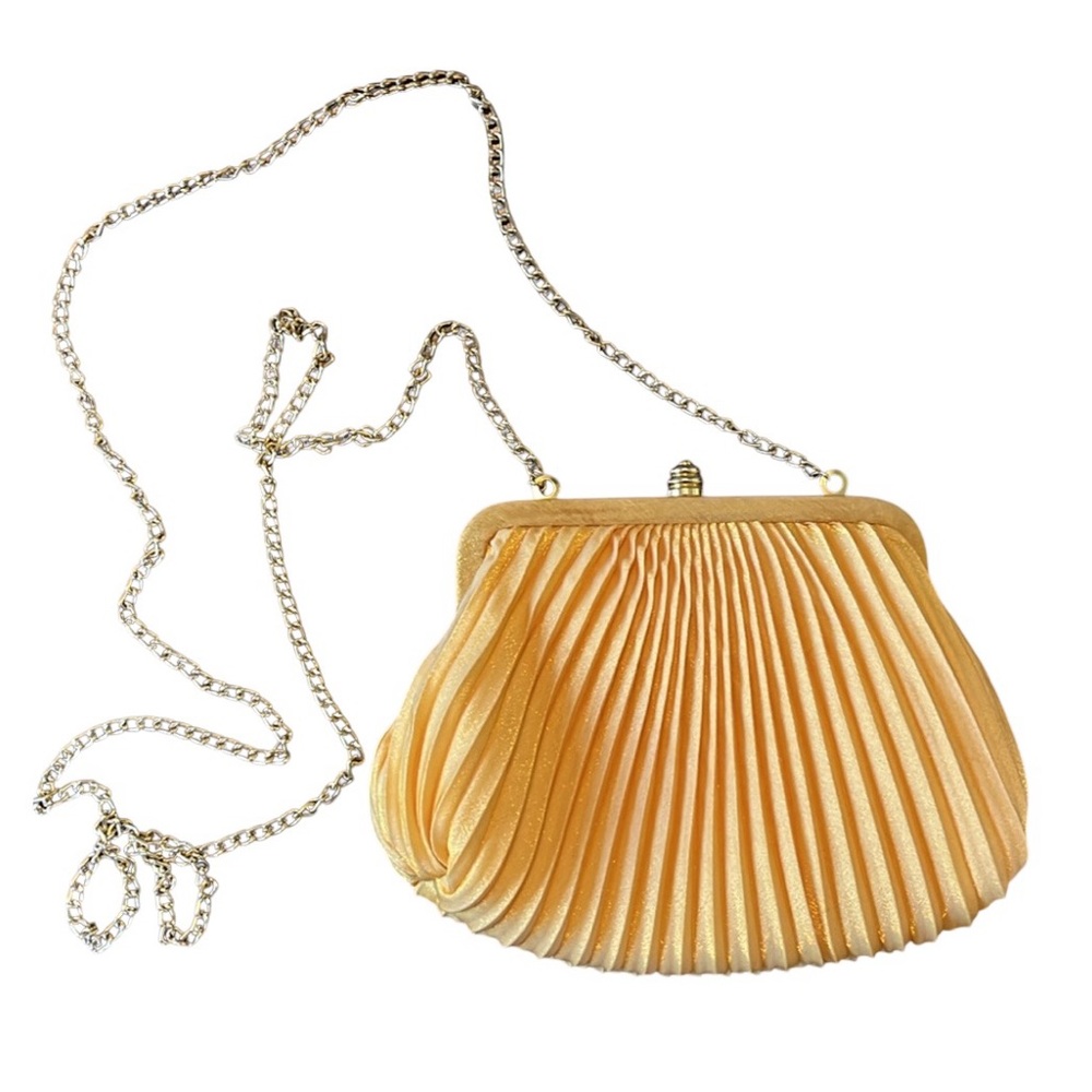 Sasha Gold Satin Pleated small purse w/Gold chain shoulder strap 7.5”W X 5.5”H - Picture 2 of 12